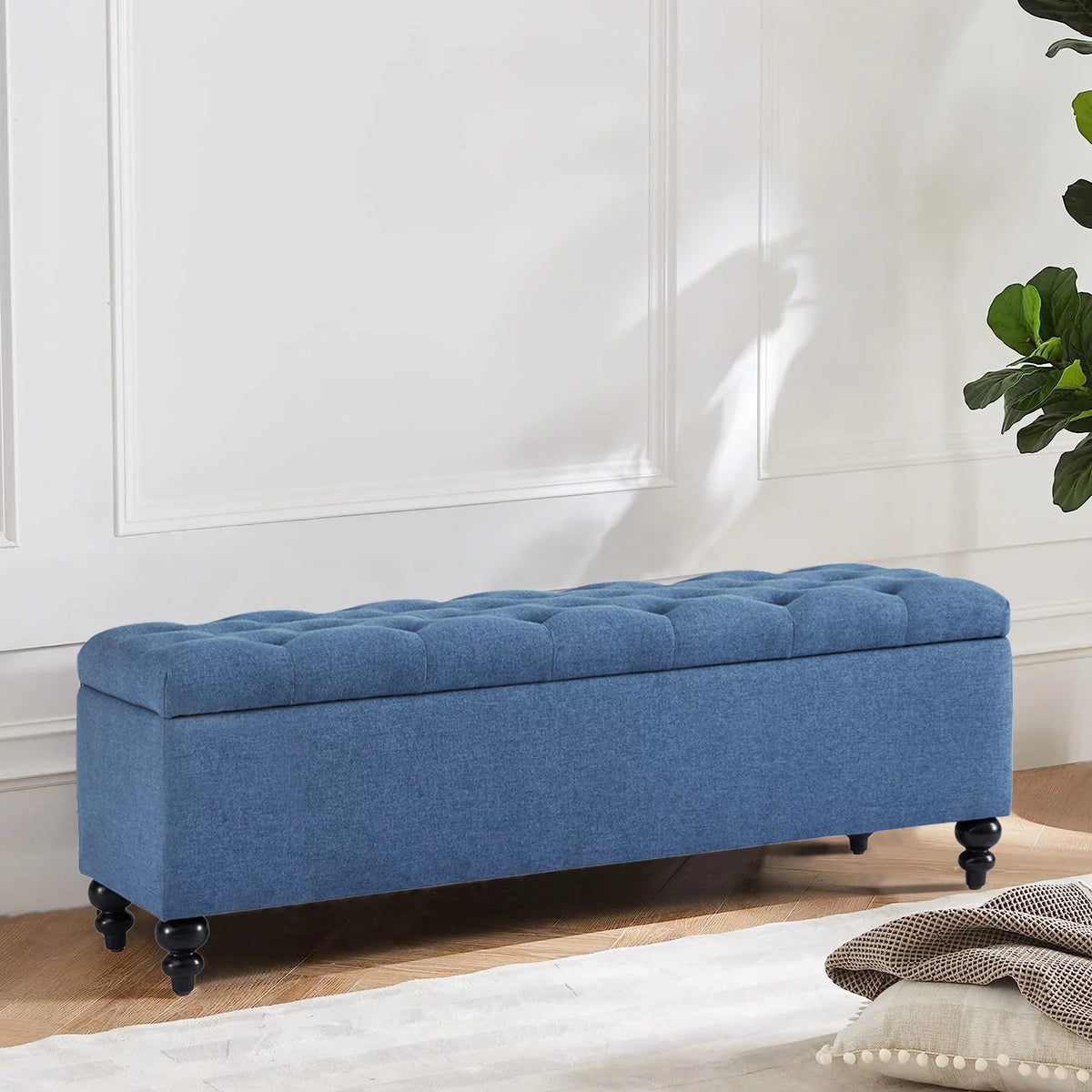 50.2" Blue Upholstered Storage Ottoman with Safety Hinge S1233