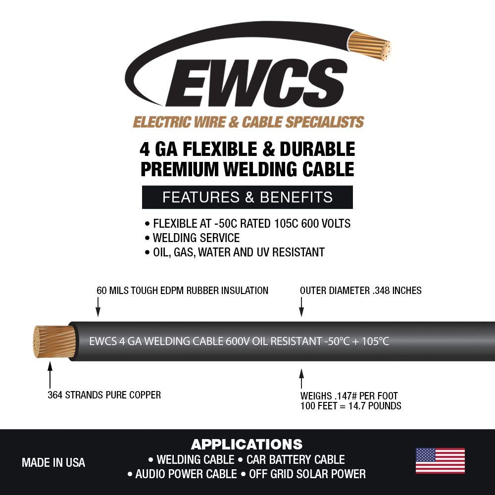 4 Gauge Extra Flexible Welding Cable 600 Volt Black 25 Feet Pack of 2 P4965