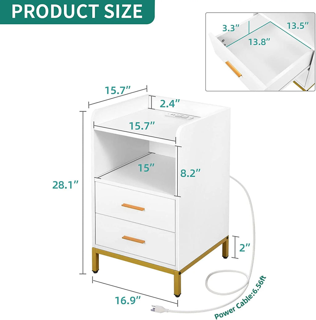 White Night Stand with 2 Drawers and Charging Station S616