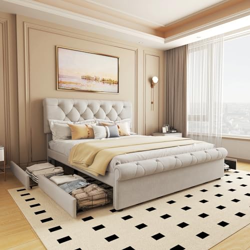 Beige Full Size Upholstered Bed Frame with 4 Drawers Z100192