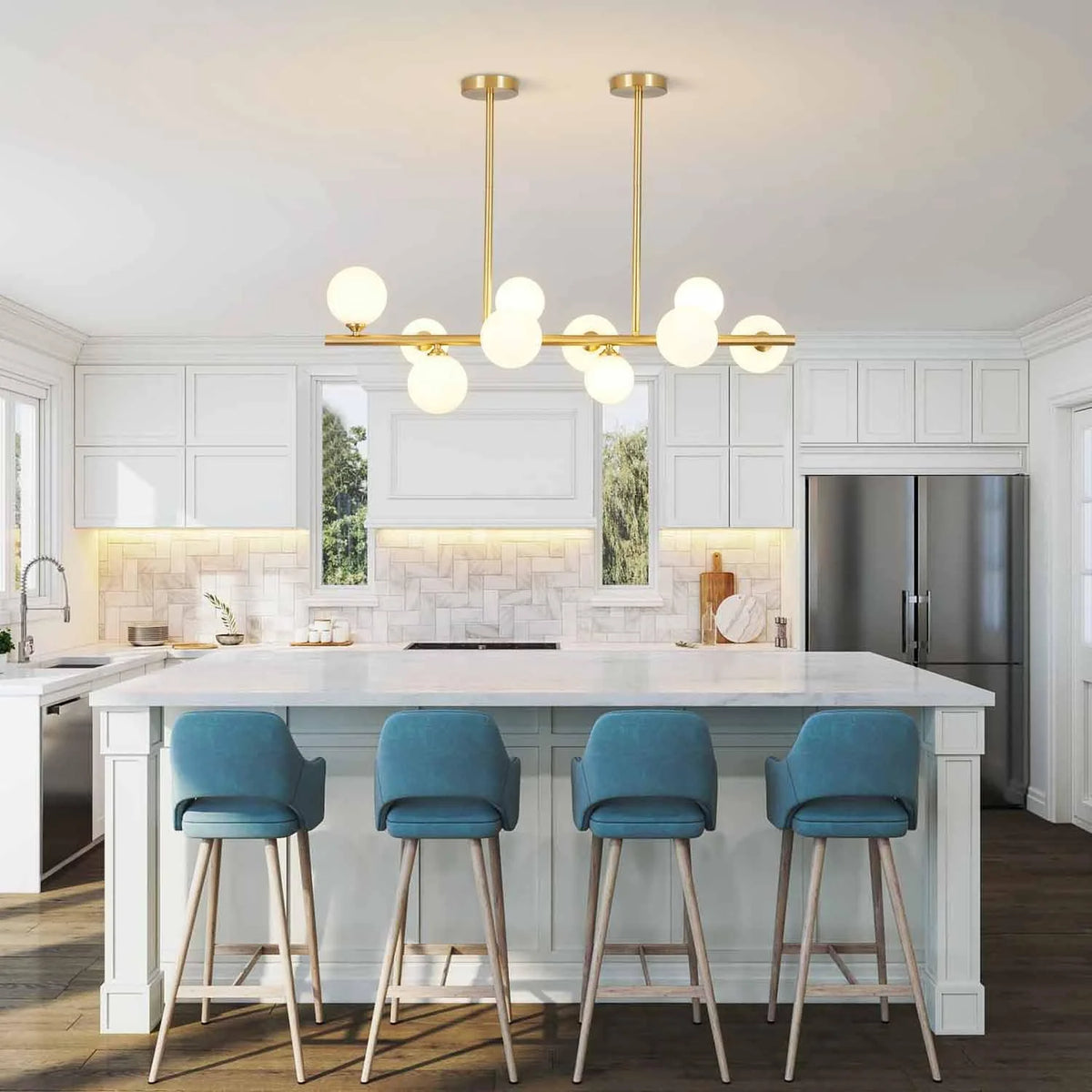 Gold Globe Sputnik Chandelier 10-Lights Frosted White Glass Ceiling Lamp A51020
