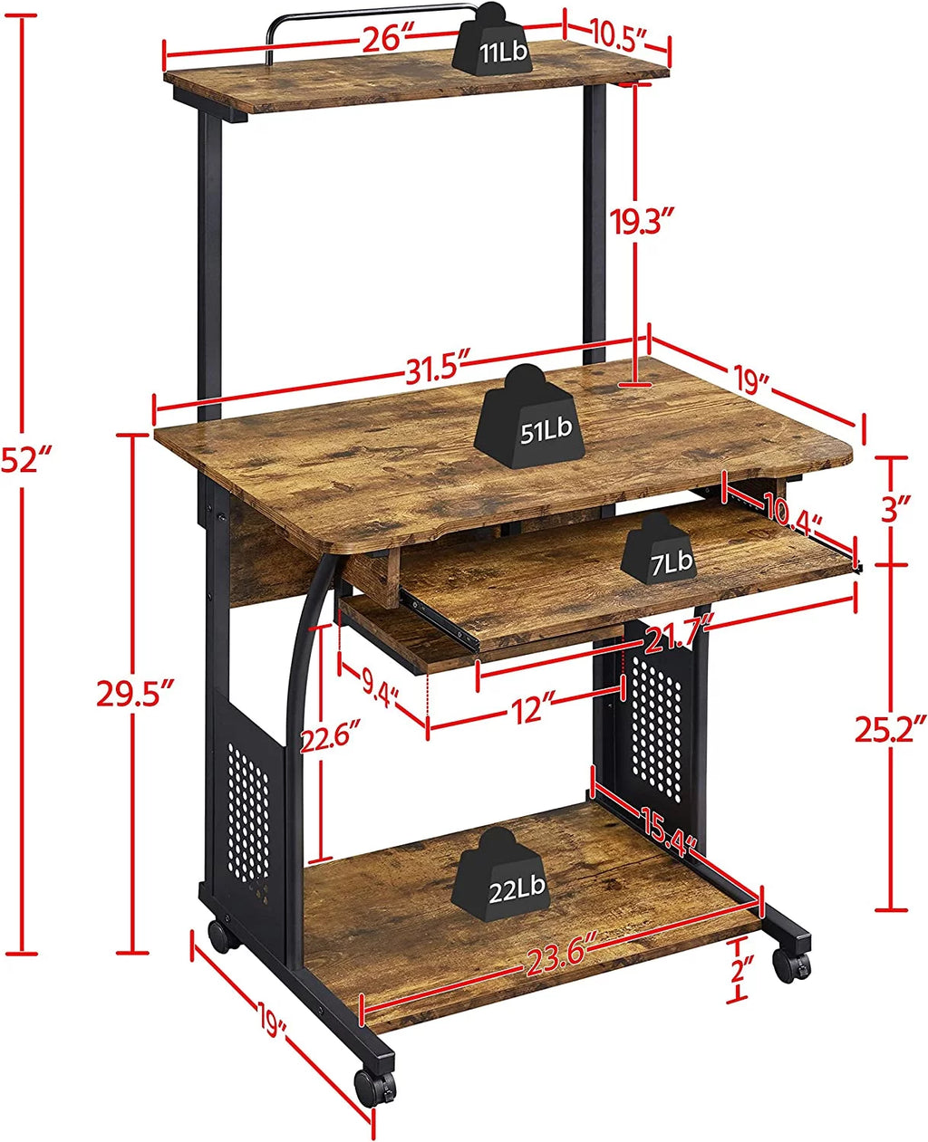 3 Tiers Rolling Computer Desk with Keyboard Tray and Printer Shelf, Rustic Brown J539468