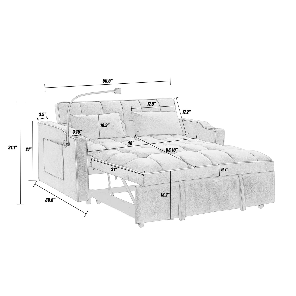 Gray Velvet Pull Out Sofa Bed with USB Port B73466