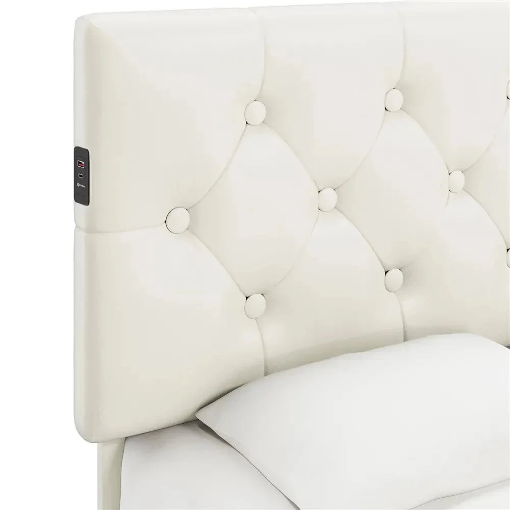 Beige Faux Leather Upholstered Bed with 4 Storage Drawers and USB Ports H4816