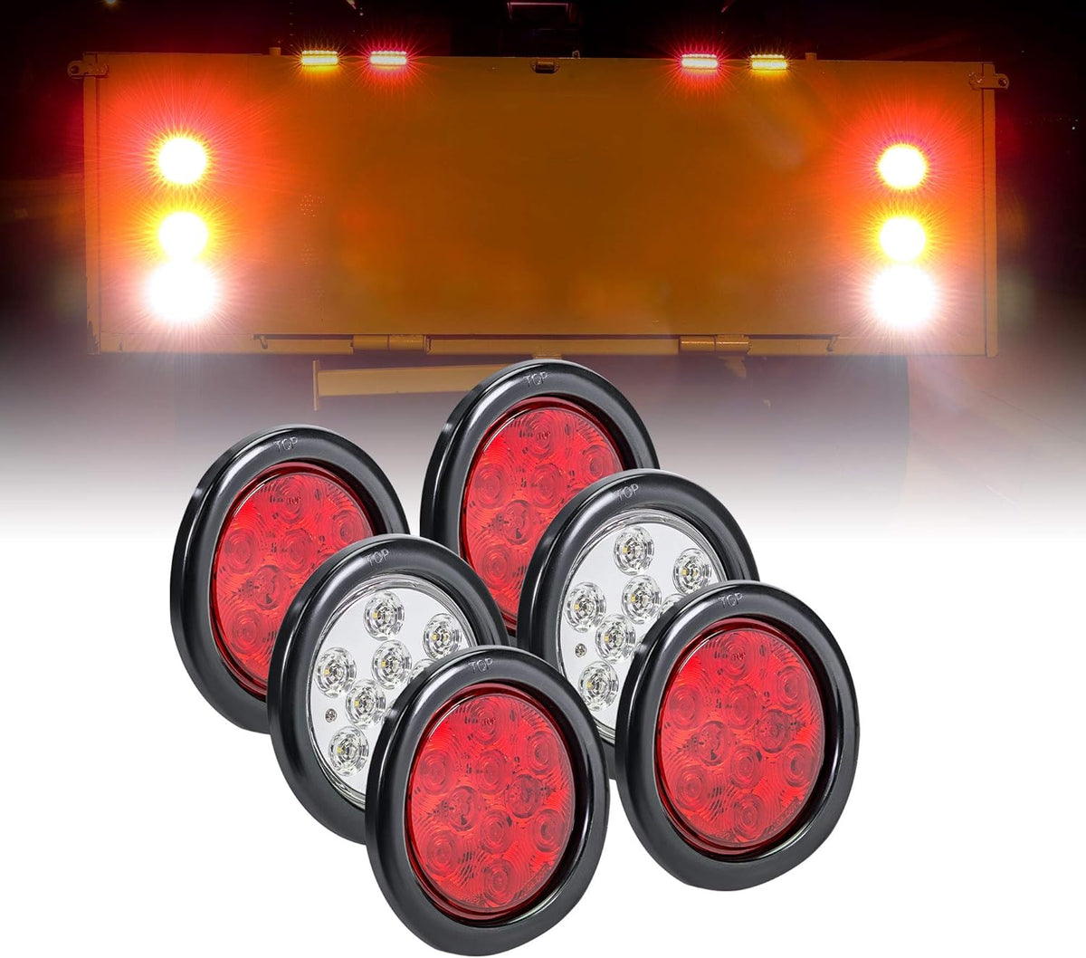 2 Red 2 Amber 2 White 4" Round LED Trailer Tail Light Kit D7616