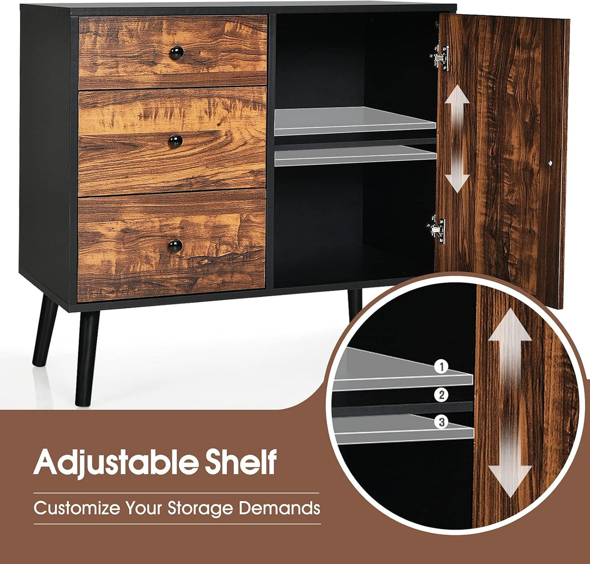 Storage Cabinet Buffet Sideboard with 3 Drawers and Adjustable Shelf V22720