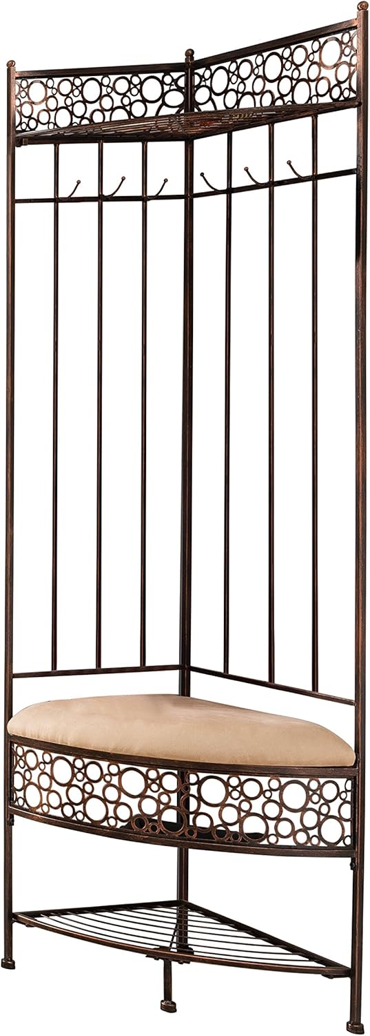 6-Hook Corner Hall Tree Storage Bench with Coat Rack, Brushed Copper C36492