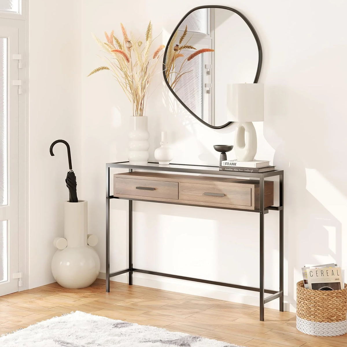 43 Inch Narrow Console Table with 2 Drawers Glass Top E4163