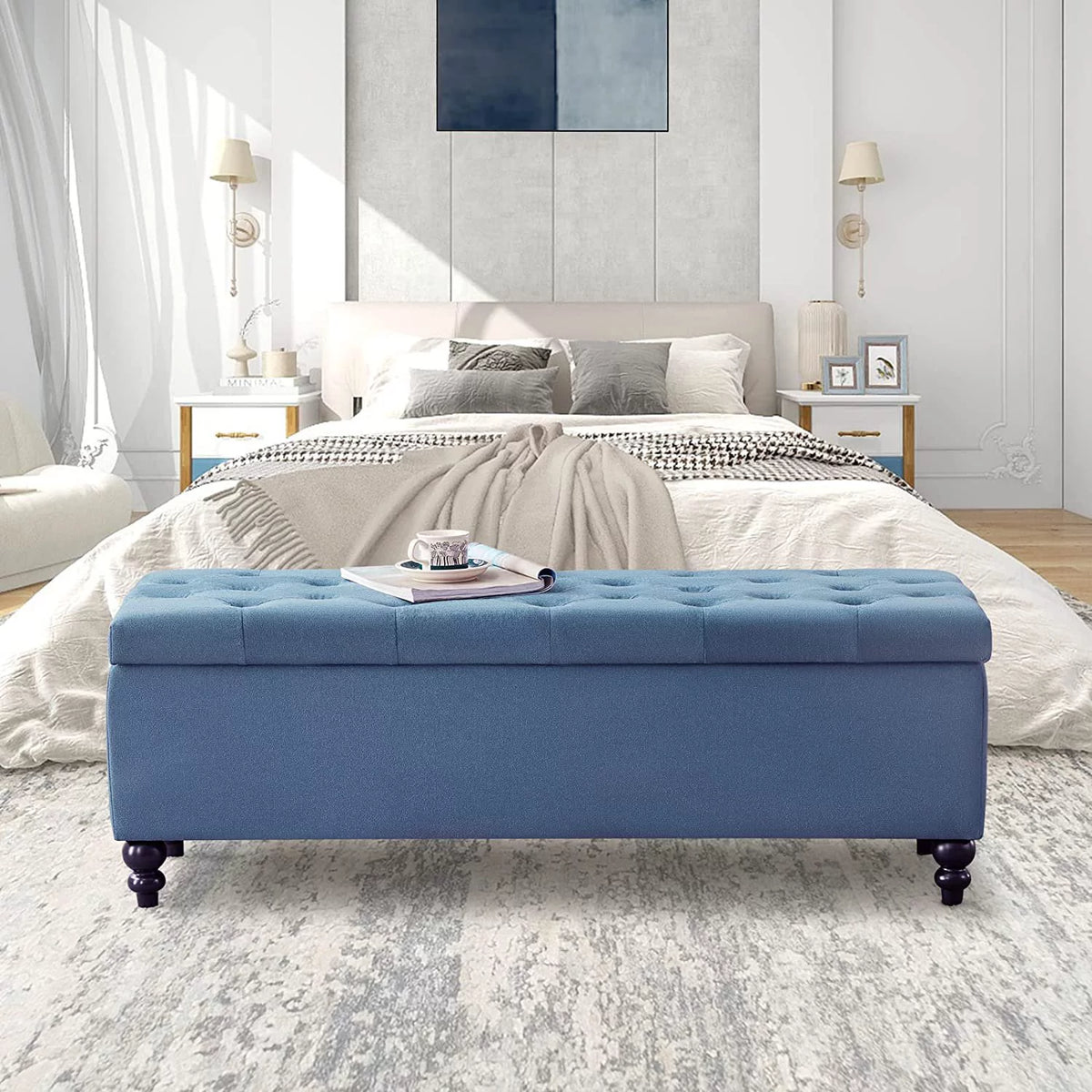50.2" Blue Upholstered Storage Ottoman with Safety Hinge S1233