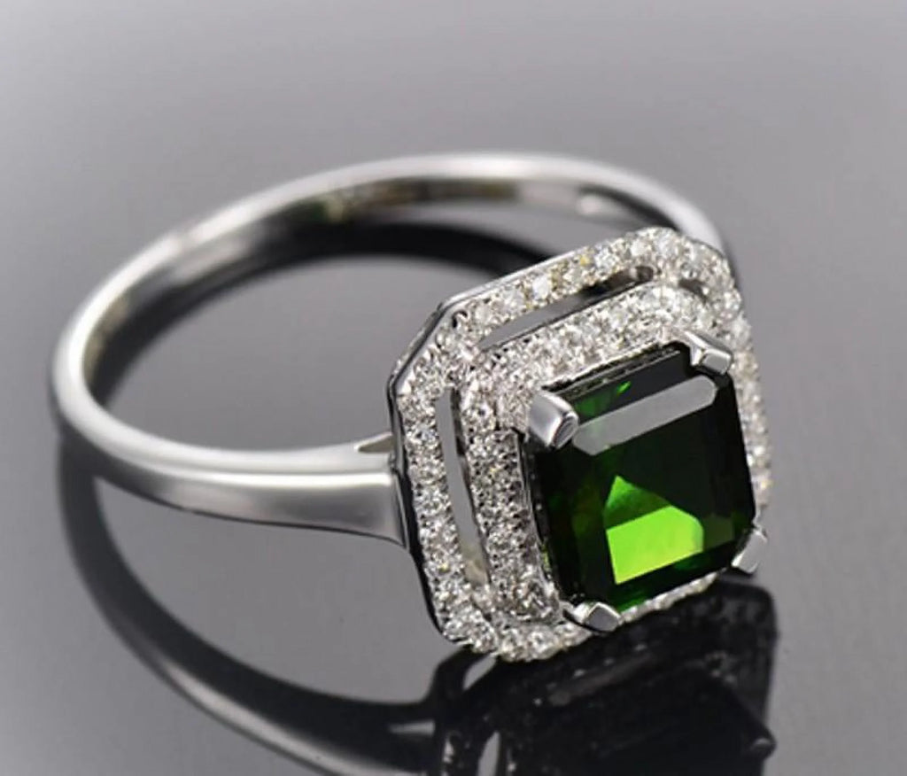 1.75 Carat Green Emerald 6mm Princess Cut Moissanite Double Halo Engagement Ring in 10k White Gold Z35303