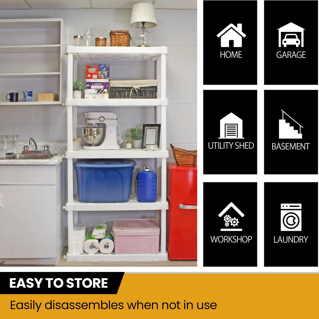 5 Shelf Plastic Shelving, 2 Pack, White, 750 lbs Capacity V307255