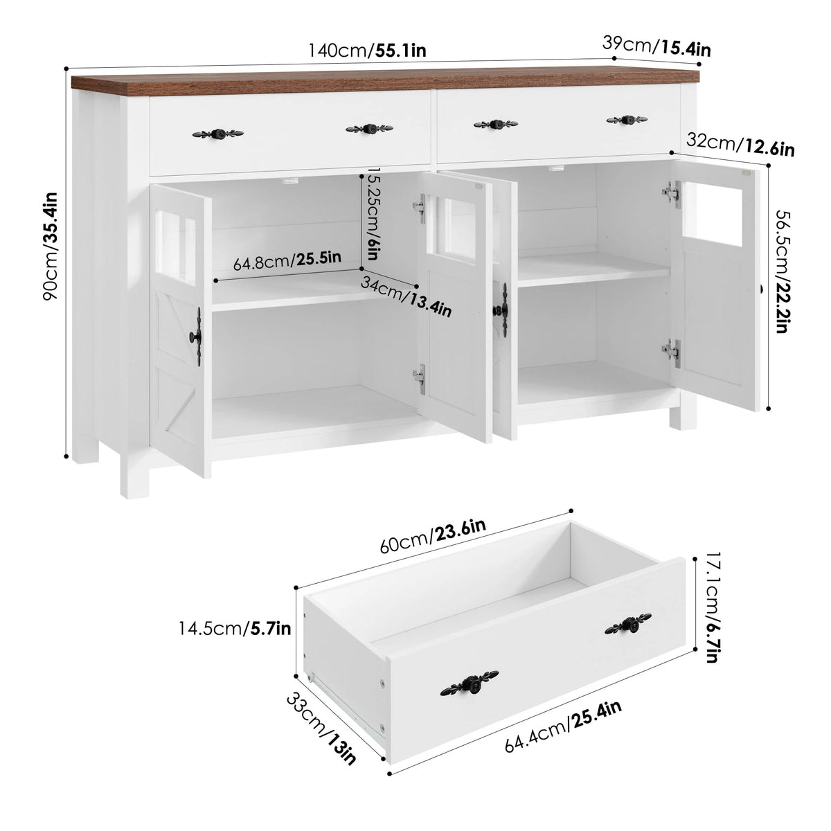 2 Drawer Glass Door Wood Sideboard Z1443