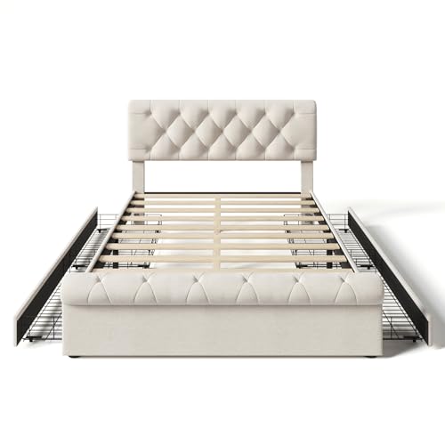 Beige Full Size Upholstered Bed Frame with 4 Drawers Z100192