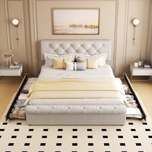 Beige Full Size Upholstered Bed Frame with 4 Drawers Z100192