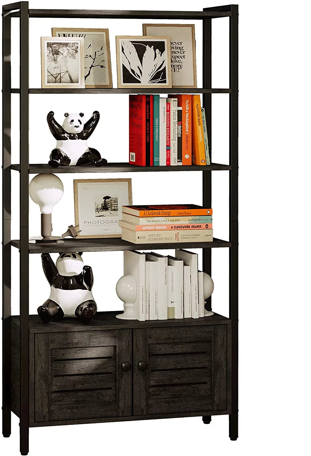 Charcoal Grey 5-Tier Bookshelf with 2 Doors and Wheels J431004