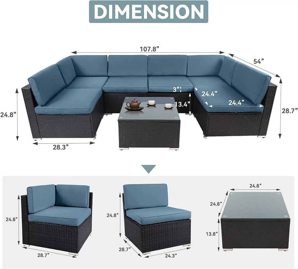 7-Pieces Wicker Outdoor Sectional Sofa Set with Haze Blue Cushions U12200