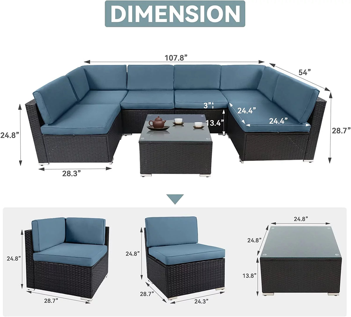 7-Pieces Wicker Outdoor Sectional Sofa Set with Haze Blue Cushions U12200