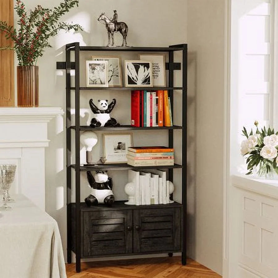 Charcoal Grey 5-Tier Bookshelf with 2 Doors and Wheels J431004