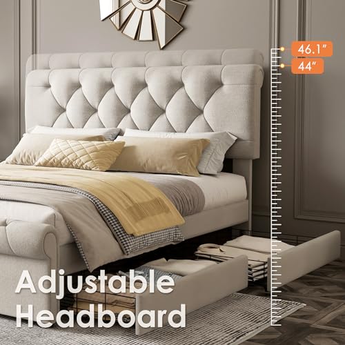 Beige Full Size Upholstered Bed Frame with 4 Drawers Z100192