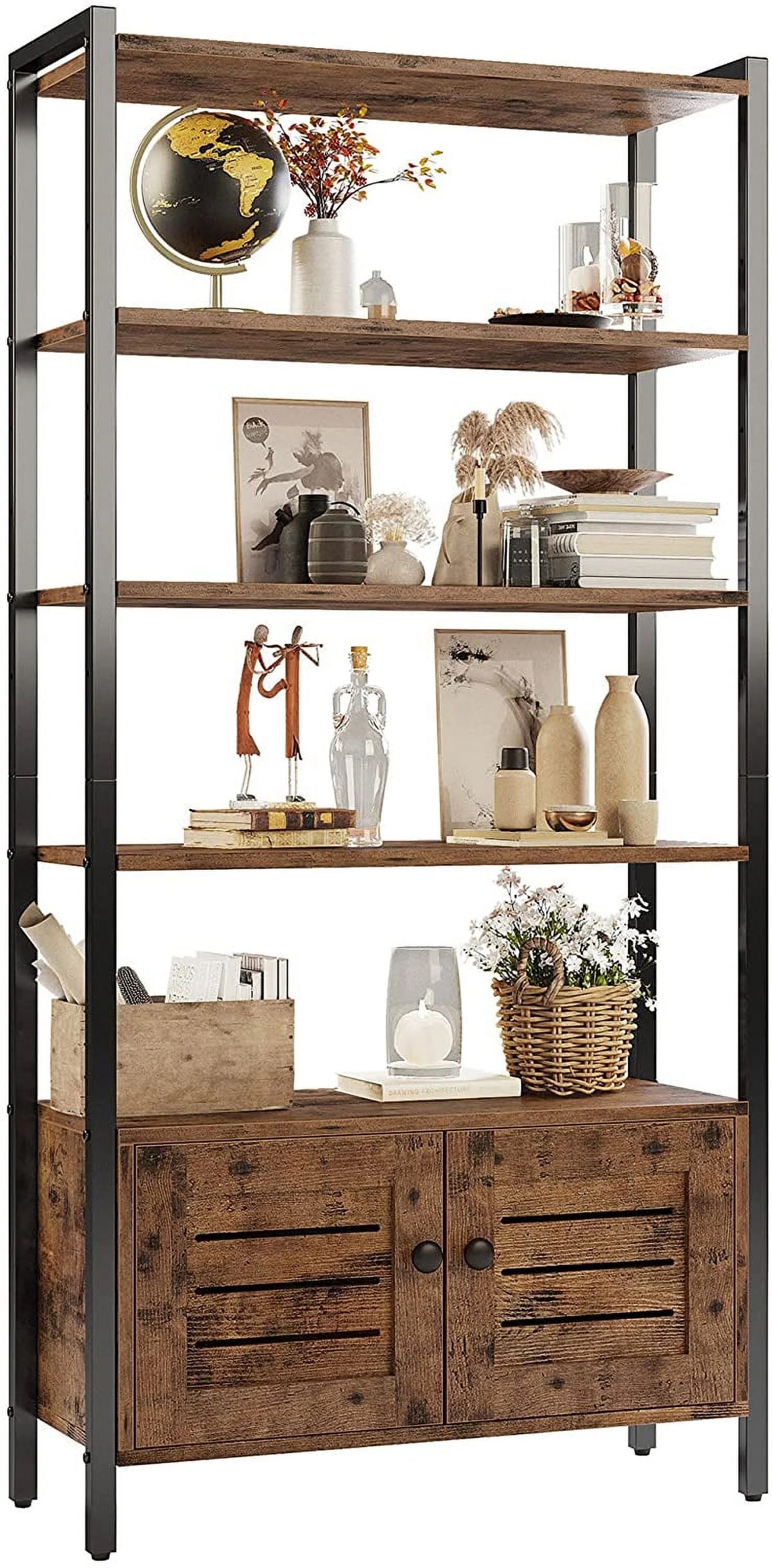 Charcoal Grey 5-Tier Bookshelf with 2 Doors and Wheels J431004