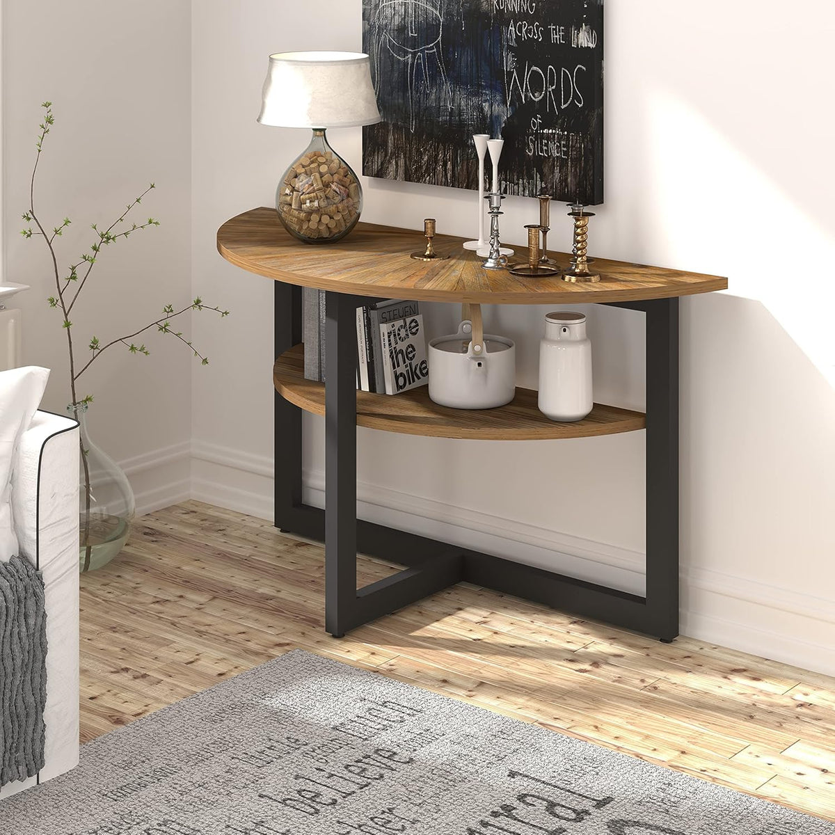 Round Coffee Table with Storage, Solid Wood, Black Metal Frame T5681