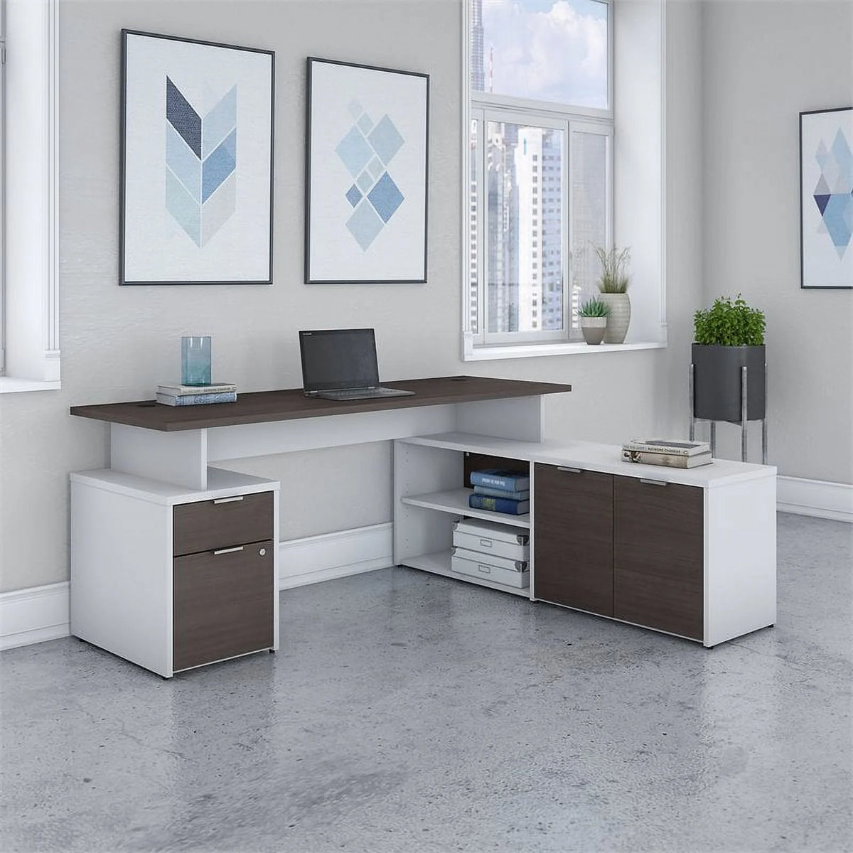 72" L Shaped Desk in White and Storm Gray H8095