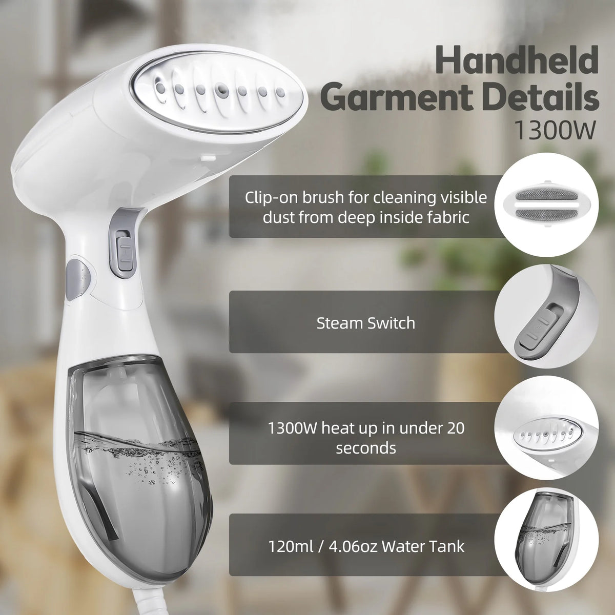 1300W Foldable Handheld Travel Steamer with 120ml Detachable Water K780
