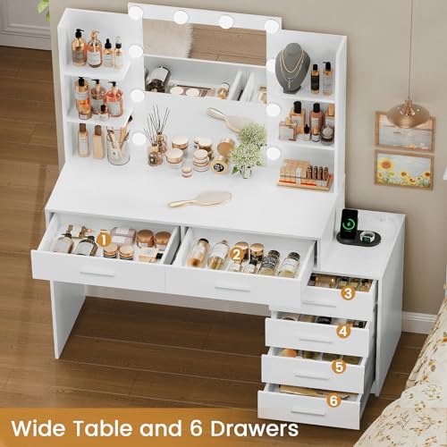 White Large Vanity Desk with LED Lighted Mirror & Power Outlet, 7 Drawers, 4 Shelves and 5 Hooks V5735