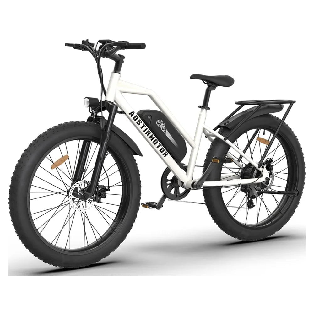 Electric Mountain Bike 750W 48V 13AH Removable Lithium Battery 26" 4.0 inch Fat Tire White R7189