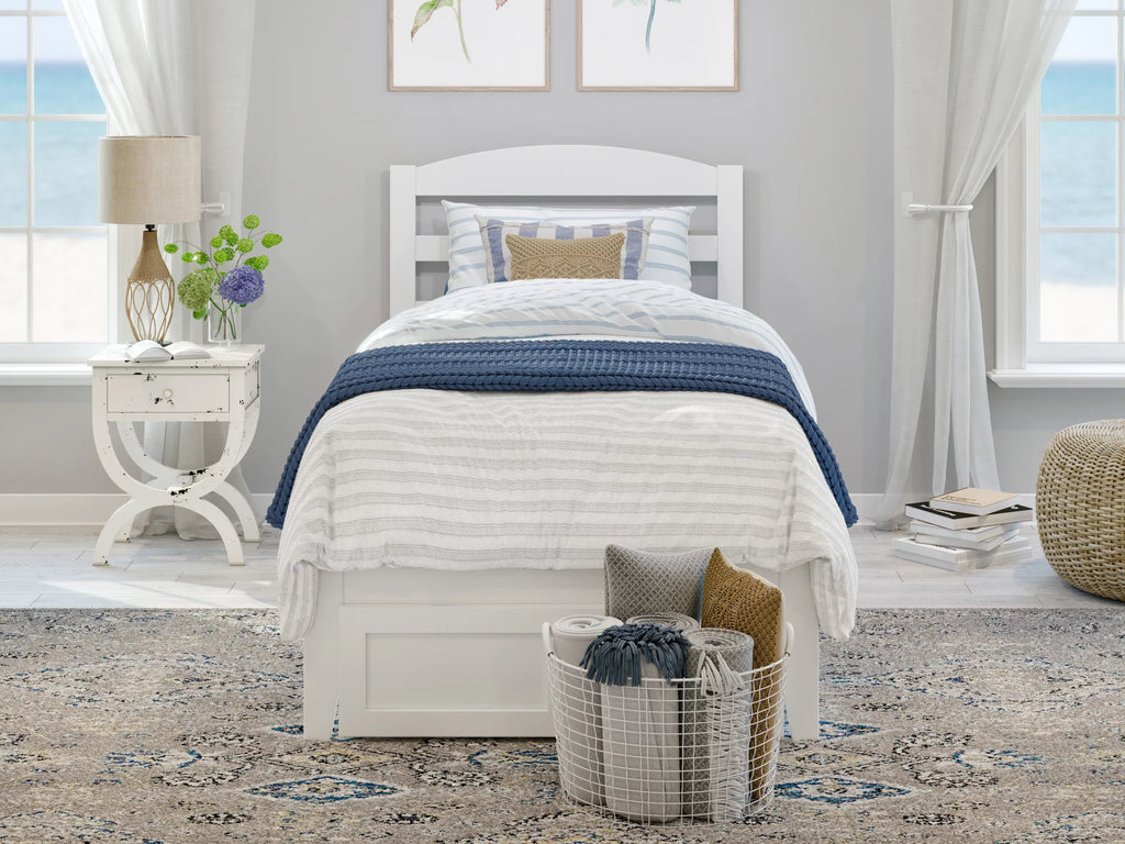 White Twin XL Wood Platform Bed Frame with Foot Drawer Storage C59537