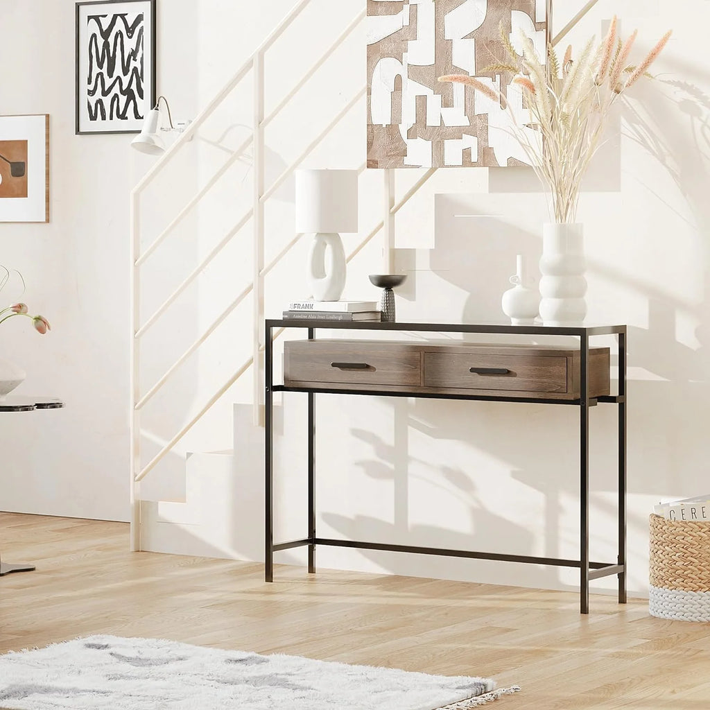 43 Inch Narrow Console Table with 2 Drawers Glass Top E4163