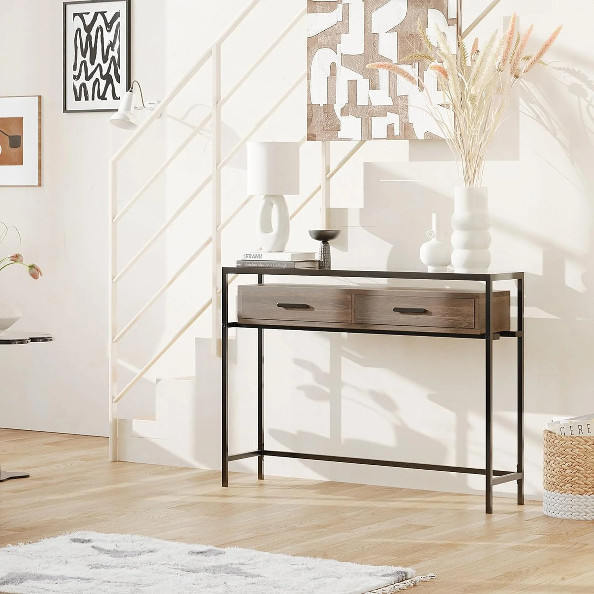 43 Inch Narrow Console Table with 2 Drawers Glass Top E4163