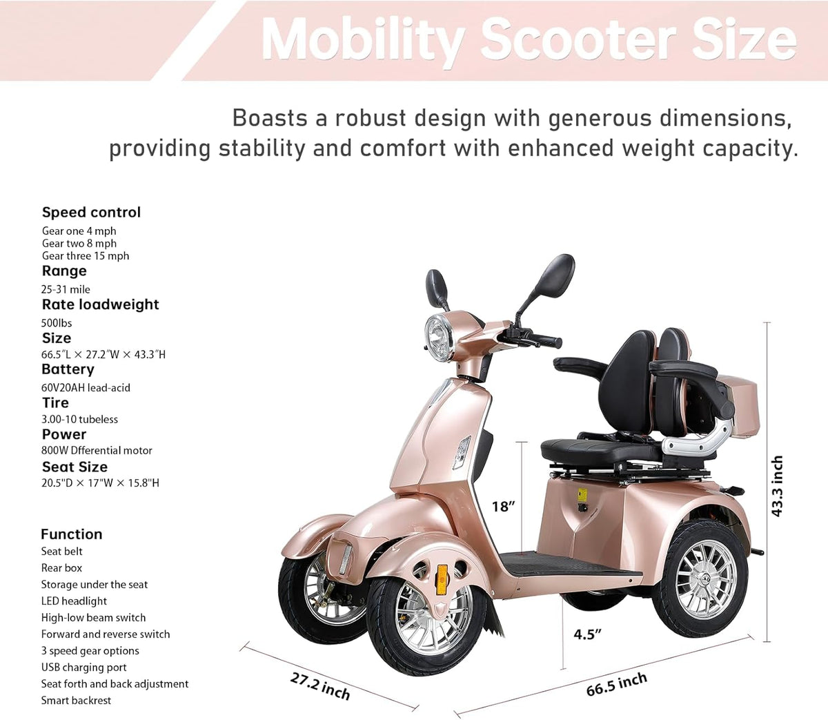 800W Heavy Duty 4 Wheel Mobility Scooter 500lbs Capacity with 3-Speed Control & USB Charger Port, Under Seat Storage, Rose Y8640