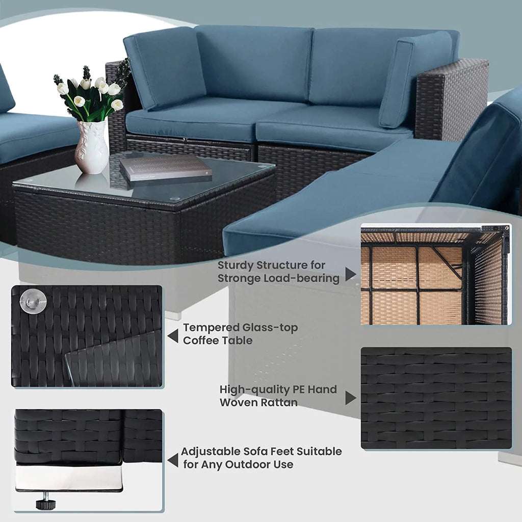7-Pieces Wicker Outdoor Sectional Sofa Set with Haze Blue Cushions U12200