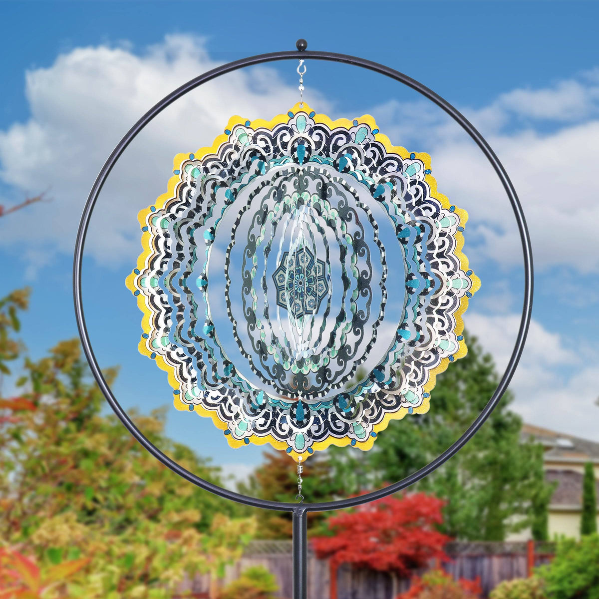 Metal Mandela Laser Spinner Garden Stake Black/Blue T488809