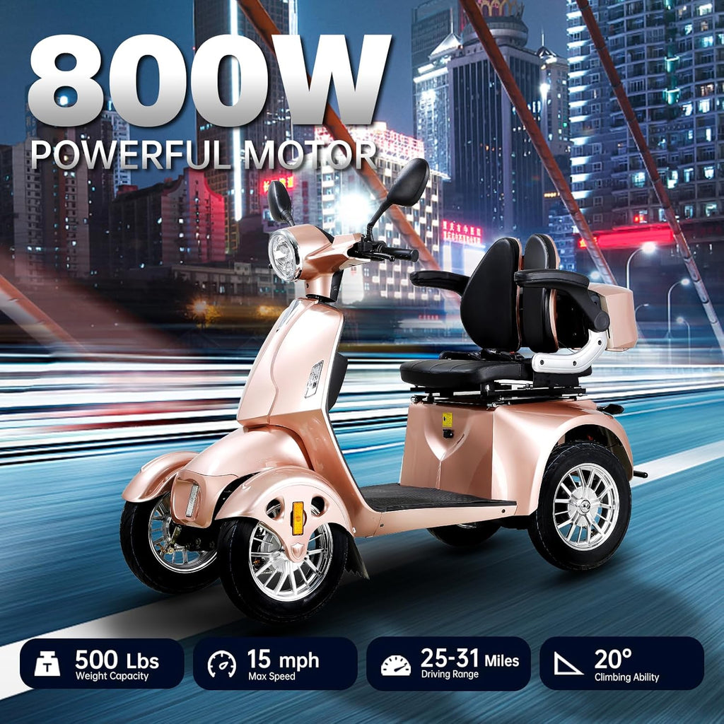 800W Heavy Duty 4 Wheel Mobility Scooter 500lbs Capacity with 3-Speed Control & USB Charger Port, Under Seat Storage, Rose Y8640