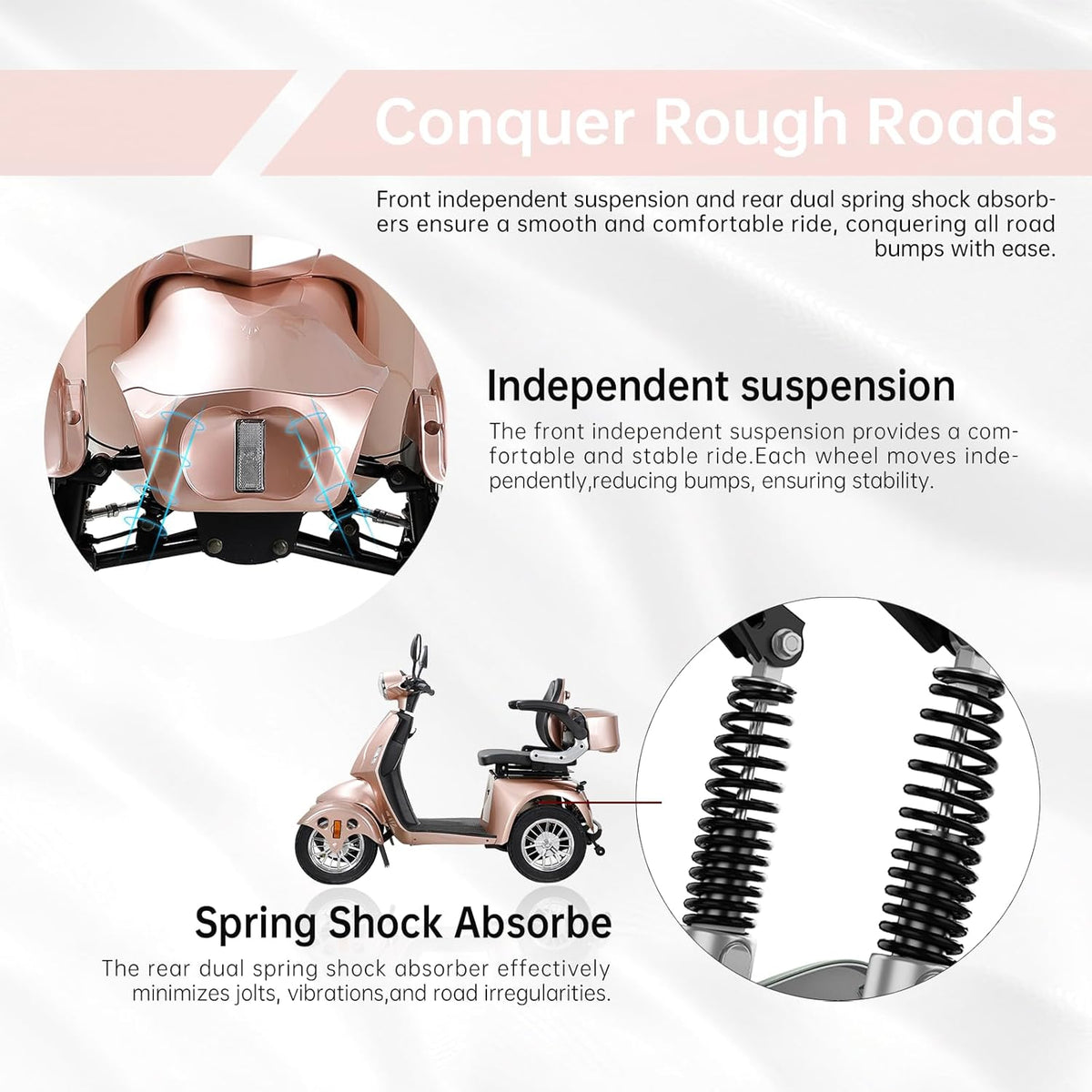 800W Heavy Duty 4 Wheel Mobility Scooter 500lbs Capacity with 3-Speed Control & USB Charger Port, Under Seat Storage, Rose Y8640