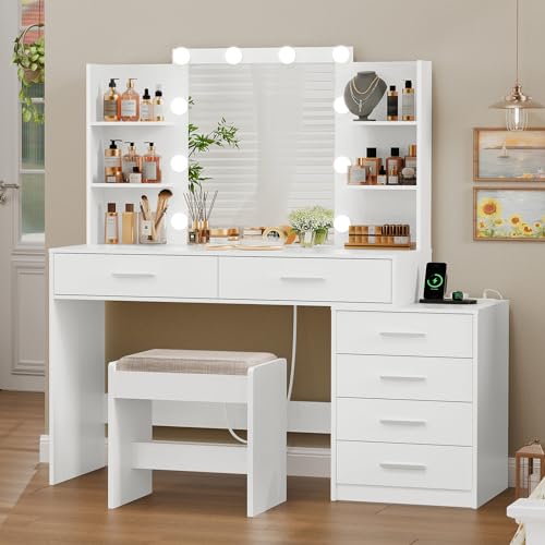 White Large Vanity Desk with LED Lighted Mirror & Power Outlet, 7 Drawers, 4 Shelves and 5 Hooks V5735