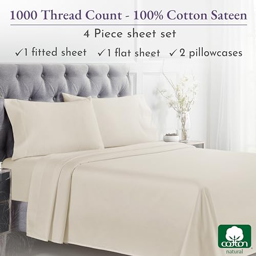 1000 Thread Count Queen Size 4 Pc 100% Cotton Sateen Bed Sheets (White) T340