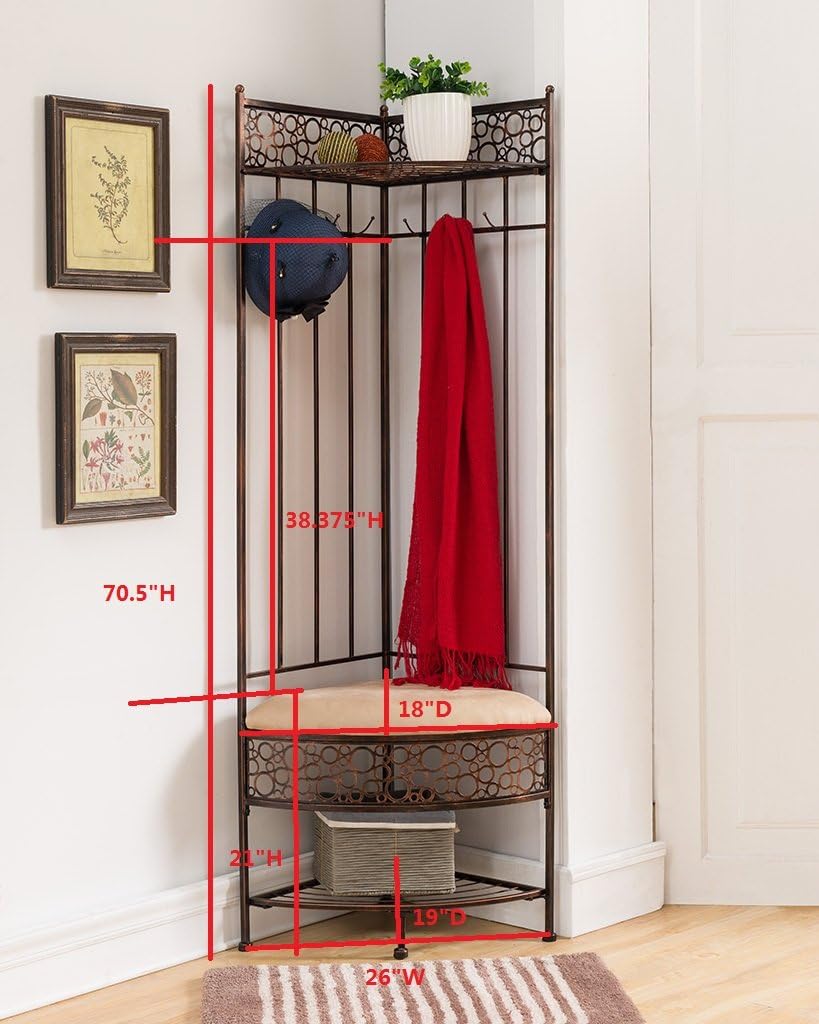 6-Hook Corner Hall Tree Storage Bench with Coat Rack, Brushed Copper C36492
