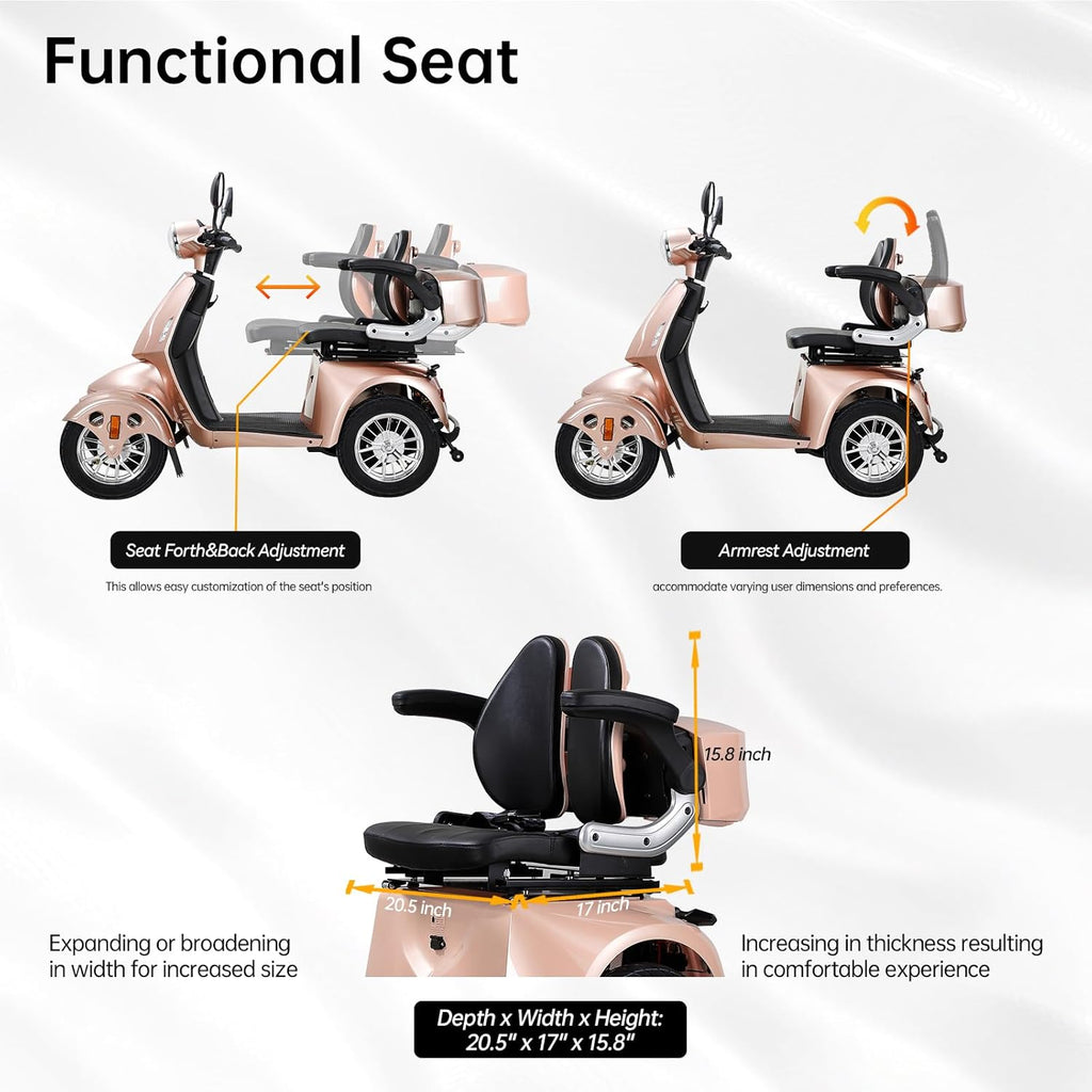 800W Heavy Duty 4 Wheel Mobility Scooter 500lbs Capacity with 3-Speed Control & USB Charger Port, Under Seat Storage, Rose Y8640