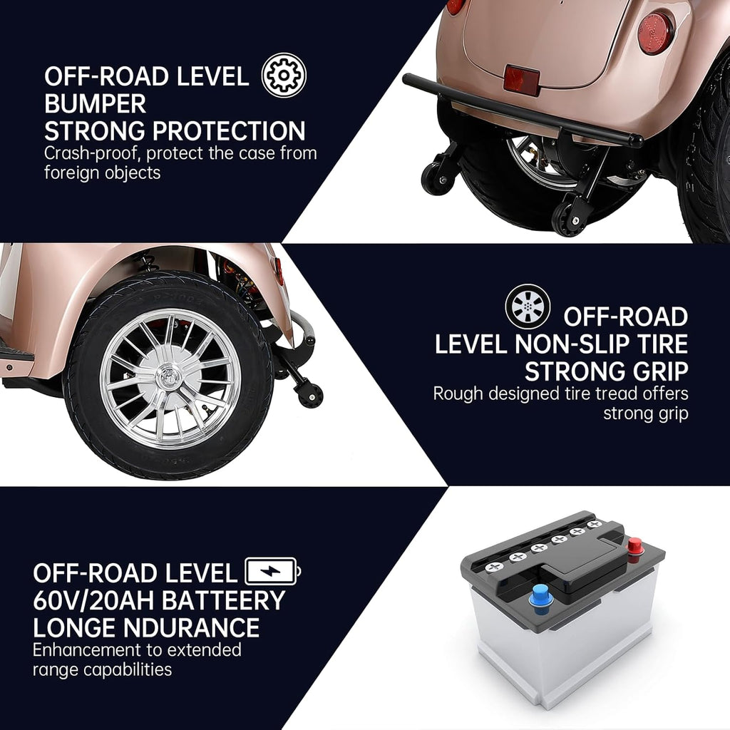 800W Heavy Duty 4 Wheel Mobility Scooter 500lbs Capacity with 3-Speed Control & USB Charger Port, Under Seat Storage, Rose Y8640