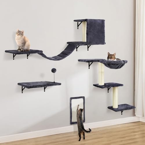5 Pcs Dark Grey Wood Wall-Mounted Cat Climber Set P54473