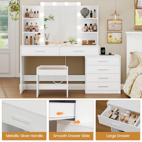 White Large Vanity Desk with LED Lighted Mirror & Power Outlet, 7 Drawers, 4 Shelves and 5 Hooks V5735