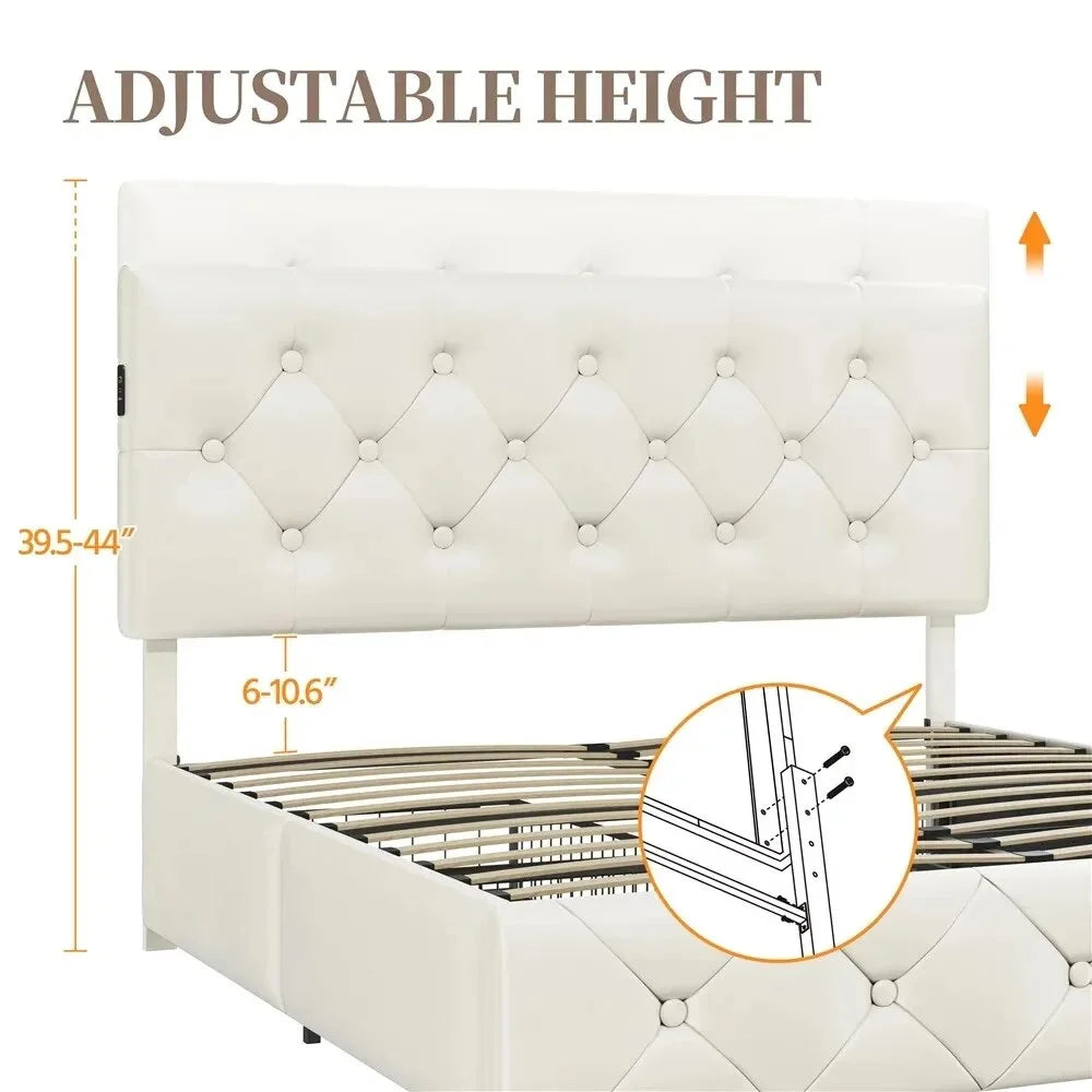 Beige Faux Leather Upholstered Bed with 4 Storage Drawers and USB Ports H4816