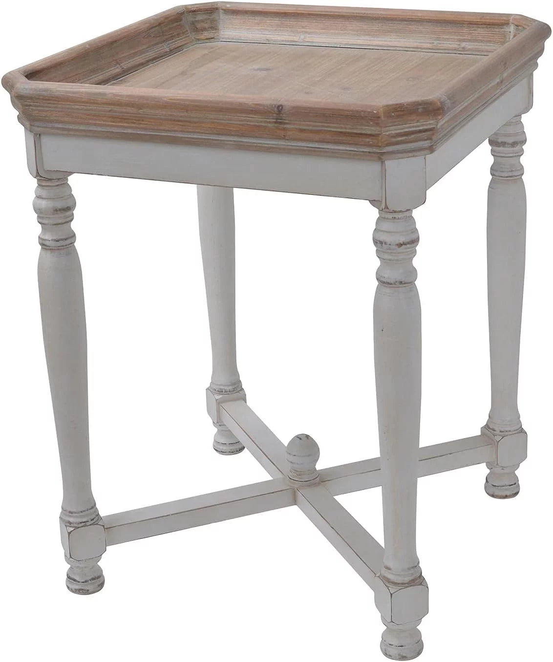 Distressed White and Natural Square Tray End Table 20x20x25 Inch F2207