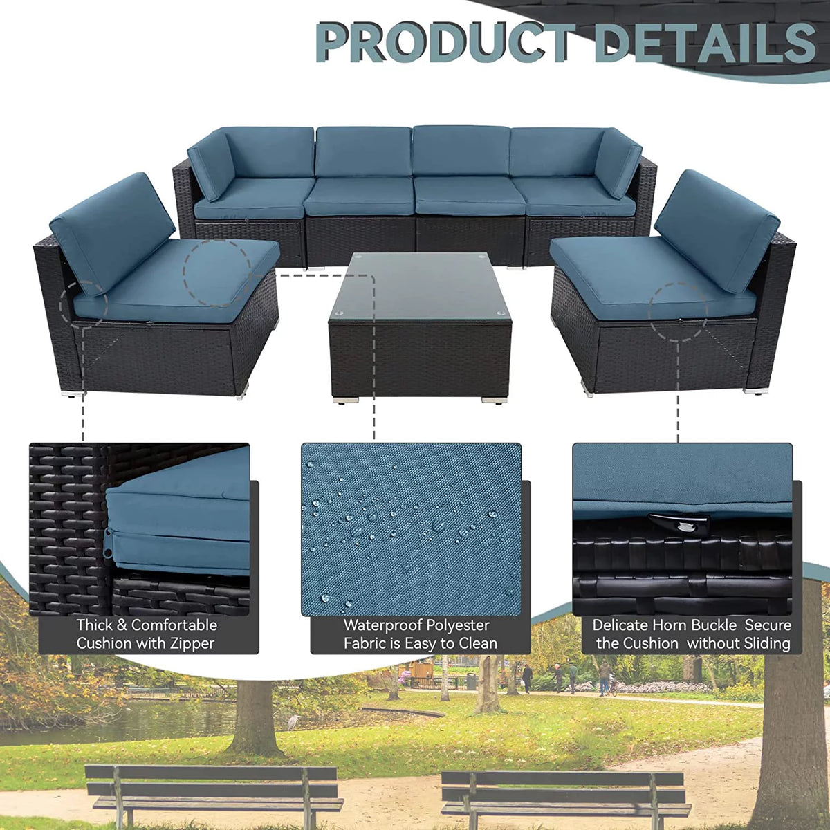 7-Pieces Wicker Outdoor Sectional Sofa Set with Haze Blue Cushions U12200