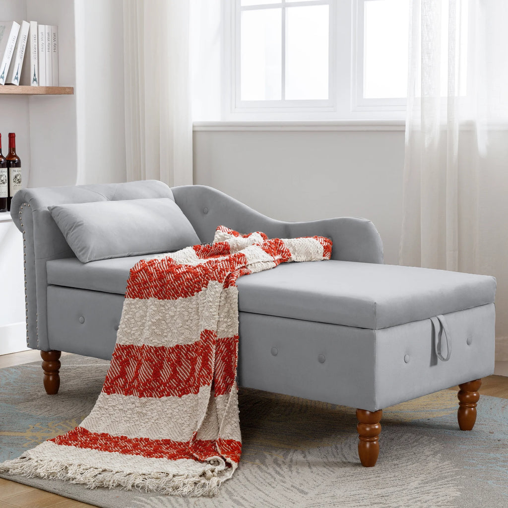 Grey Velvet Chaise Lounge with Storage & Pillow K327678
