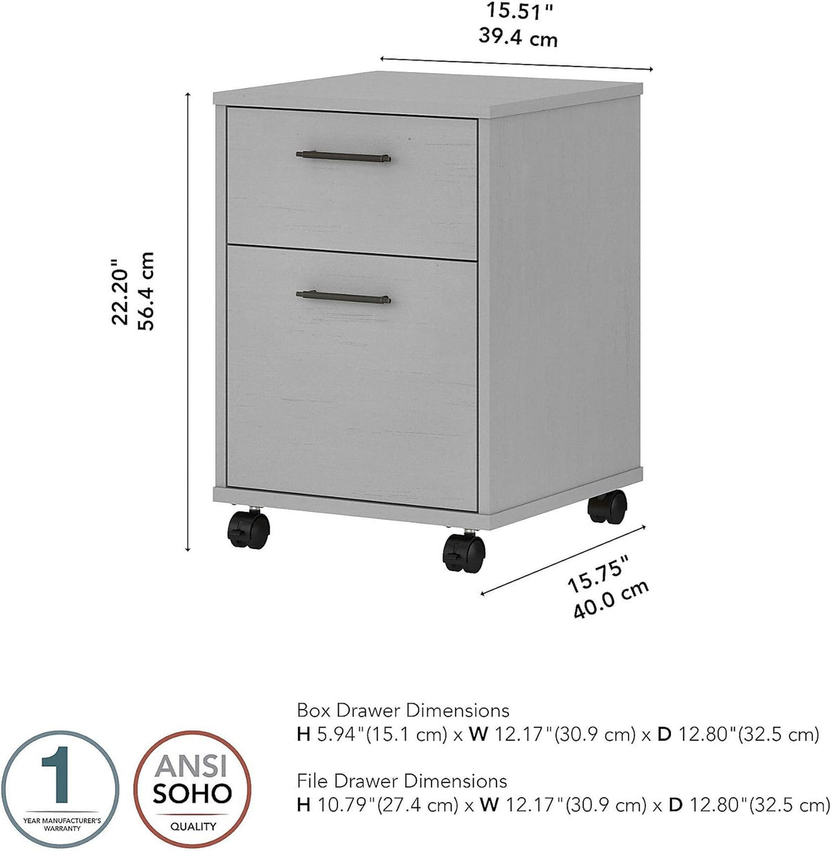 2 Drawer Mobile File Cabinet, Cape Cod Gray C342344