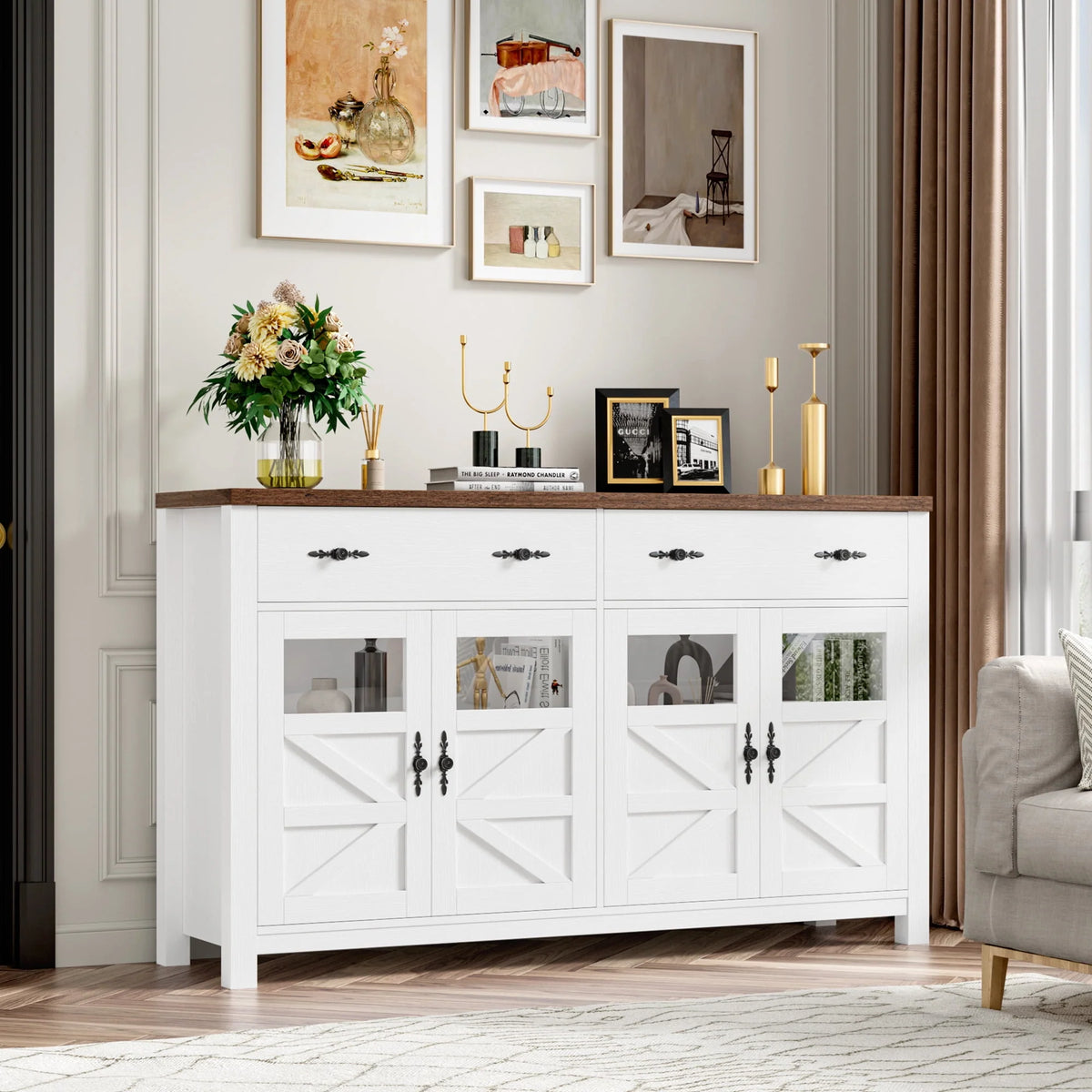 2 Drawer Glass Door Wood Sideboard Z1443